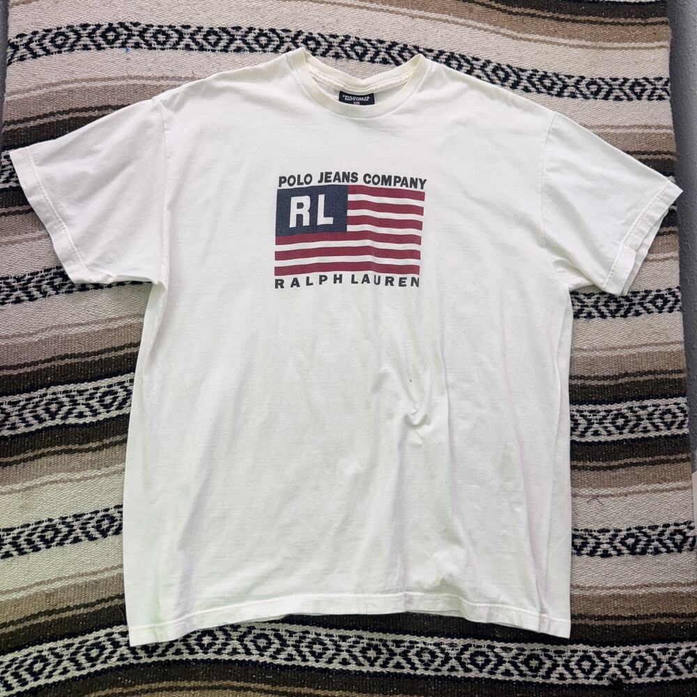 Vintage 90's Polo Ralph Lauren Jeans Company American Flag White Tee Shirt Sz XL